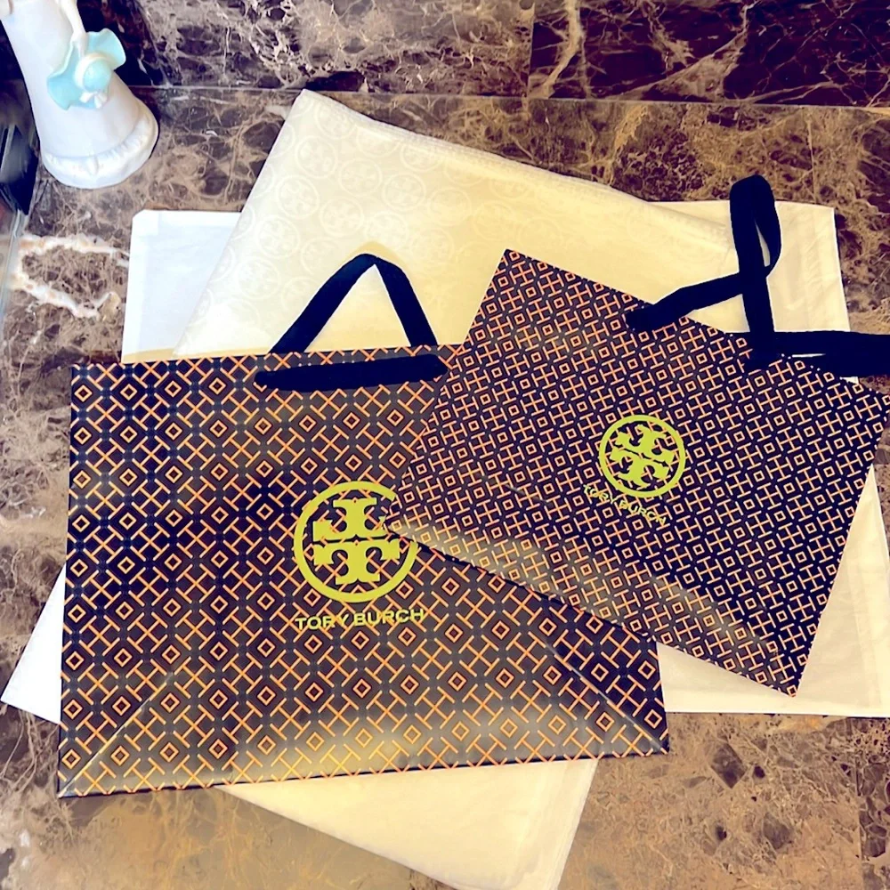 2 Tory Burch Gift Bags + 7 Large Sheets of Tory Burch Logo Tissue